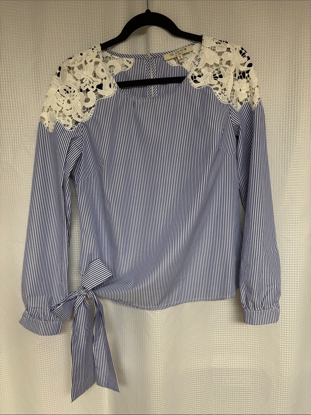 Blue Pinstripe Blouse with White Lace Shoulders and Side Tie
